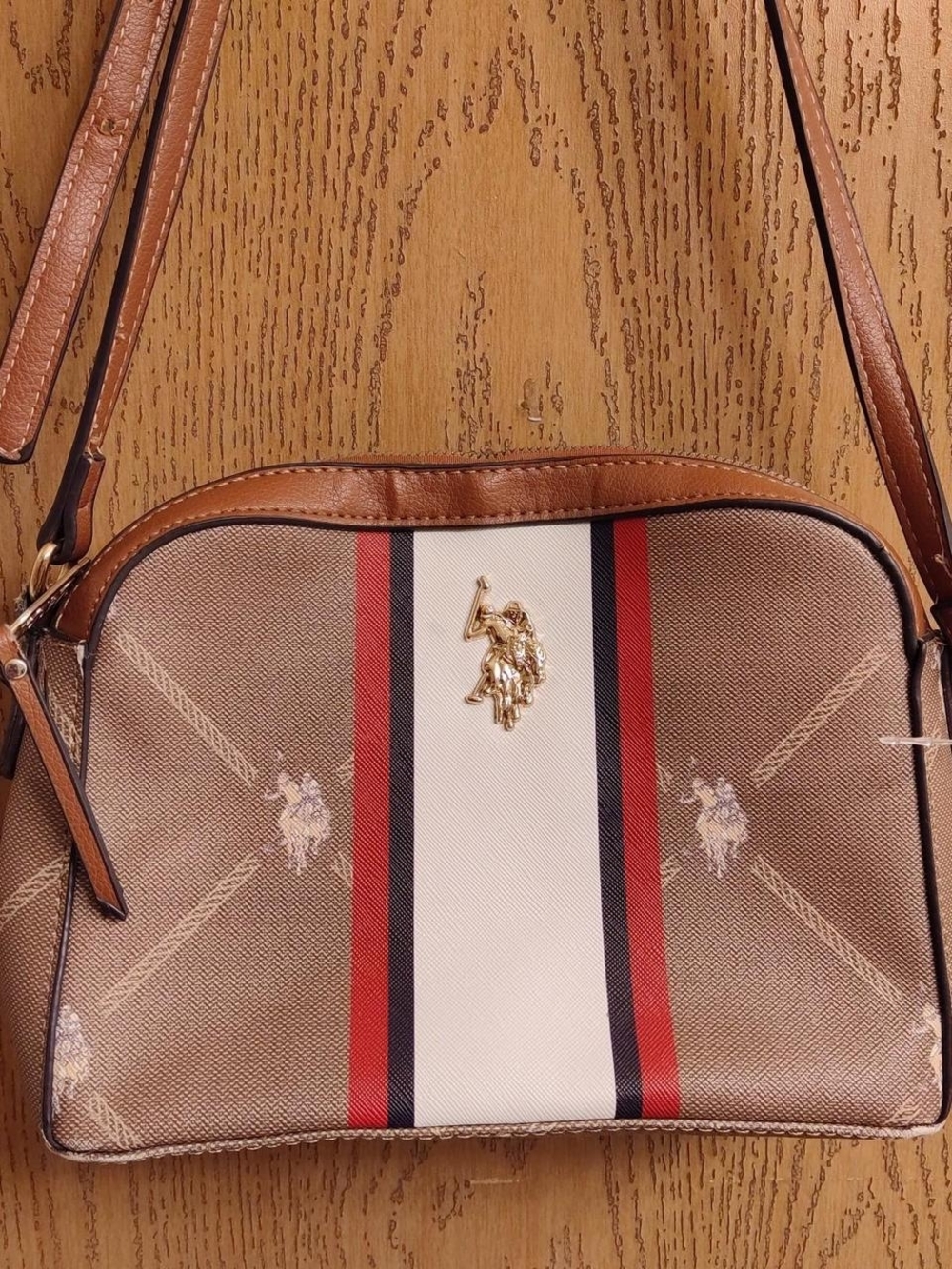 Polo by Ralph Lauren Brown Tan Crossbody with Red Black White Stripe